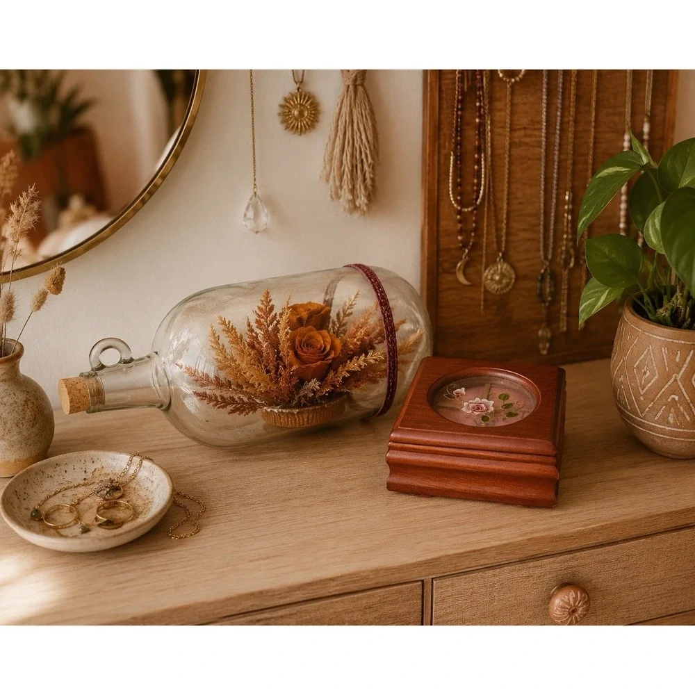 Vintage Dried Flowers in Jug/Dried flowers encased Glass Taiwan Boho Cottagecore